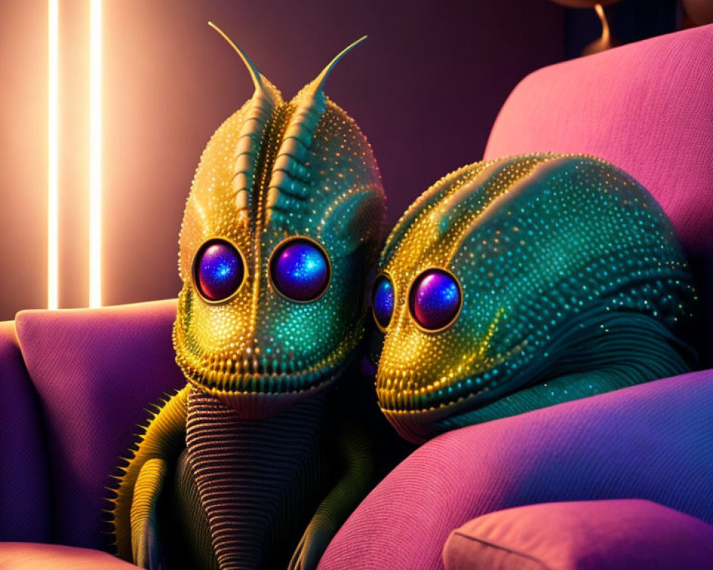 Stylized alien creatures on purple sofa with neon light