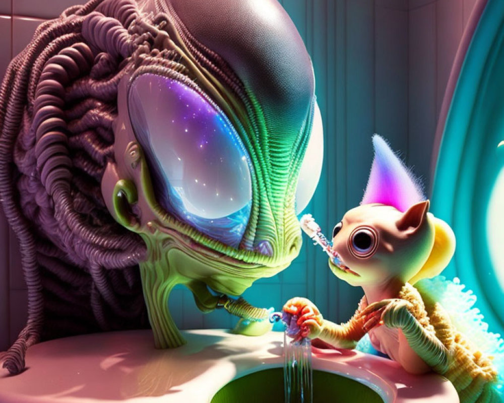 Detailed Image: Large-Headed Alien Drinking from Sink with Colorful Companion