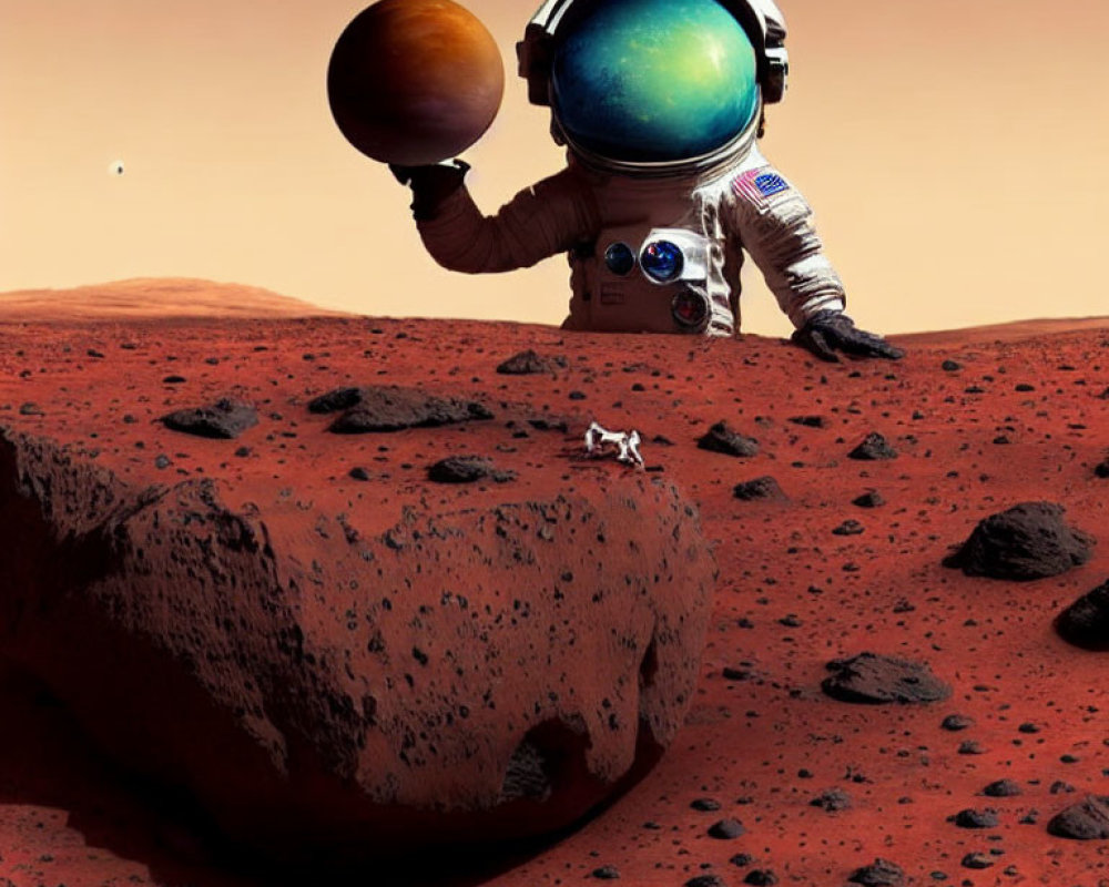 Astronaut with Earth-themed helmet holds basketball on Mars with rover and Phobos.