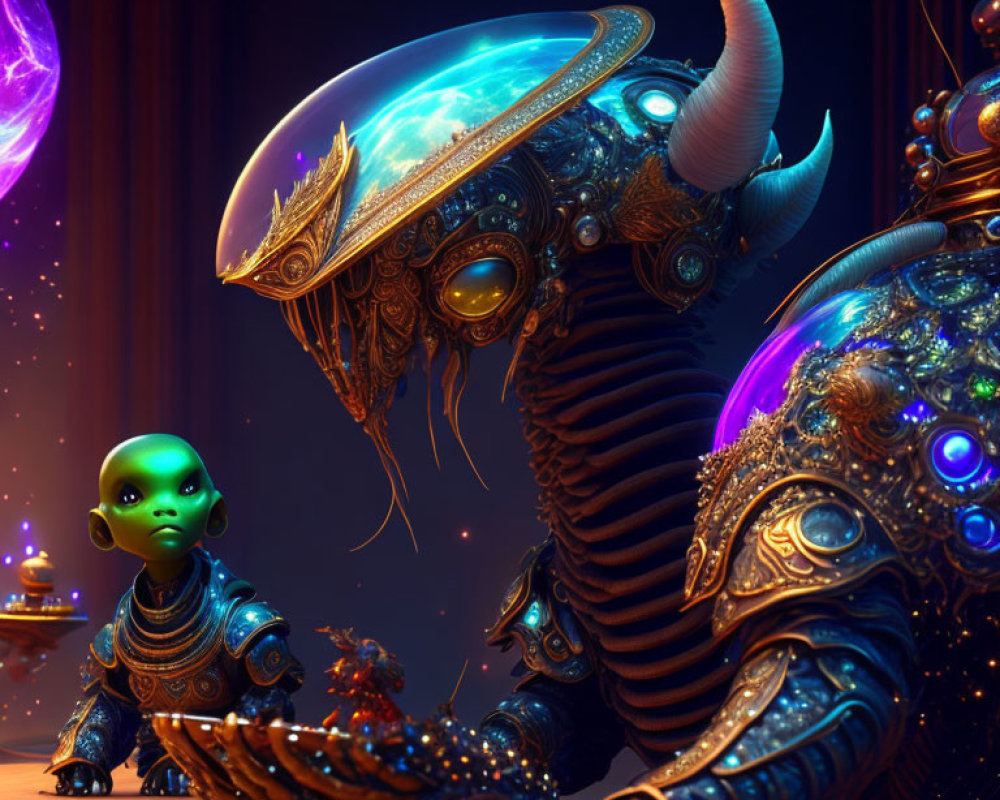 Green-skinned alien child and ornate robotic creature in mystical setting