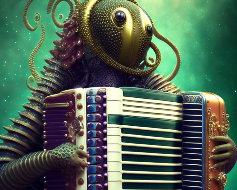 Surreal octopus-like creature with eye face playing accordion on luminescent green background