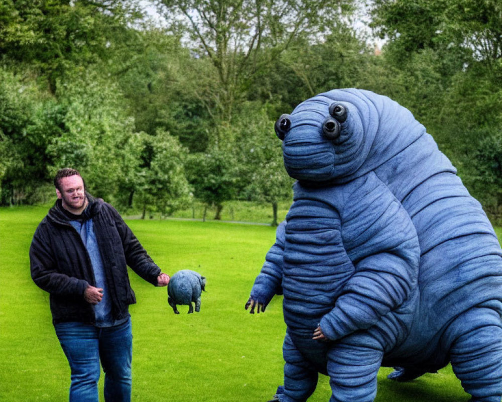 Man strolling in park with blue creature and black dog
