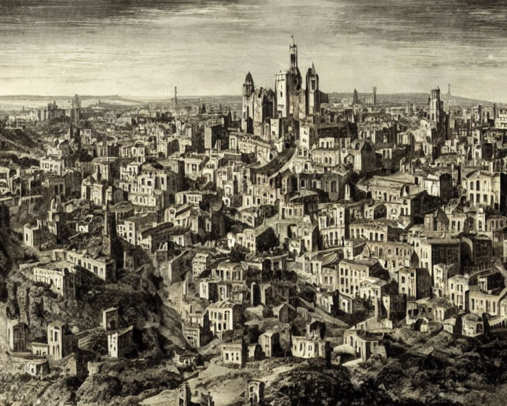 Detailed Black and White Etching of Old European Cityscape