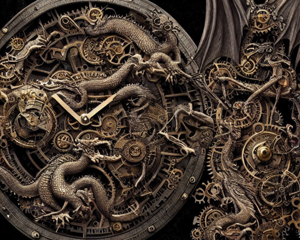 Steampunk-style dragon sculpture with gears on dark background