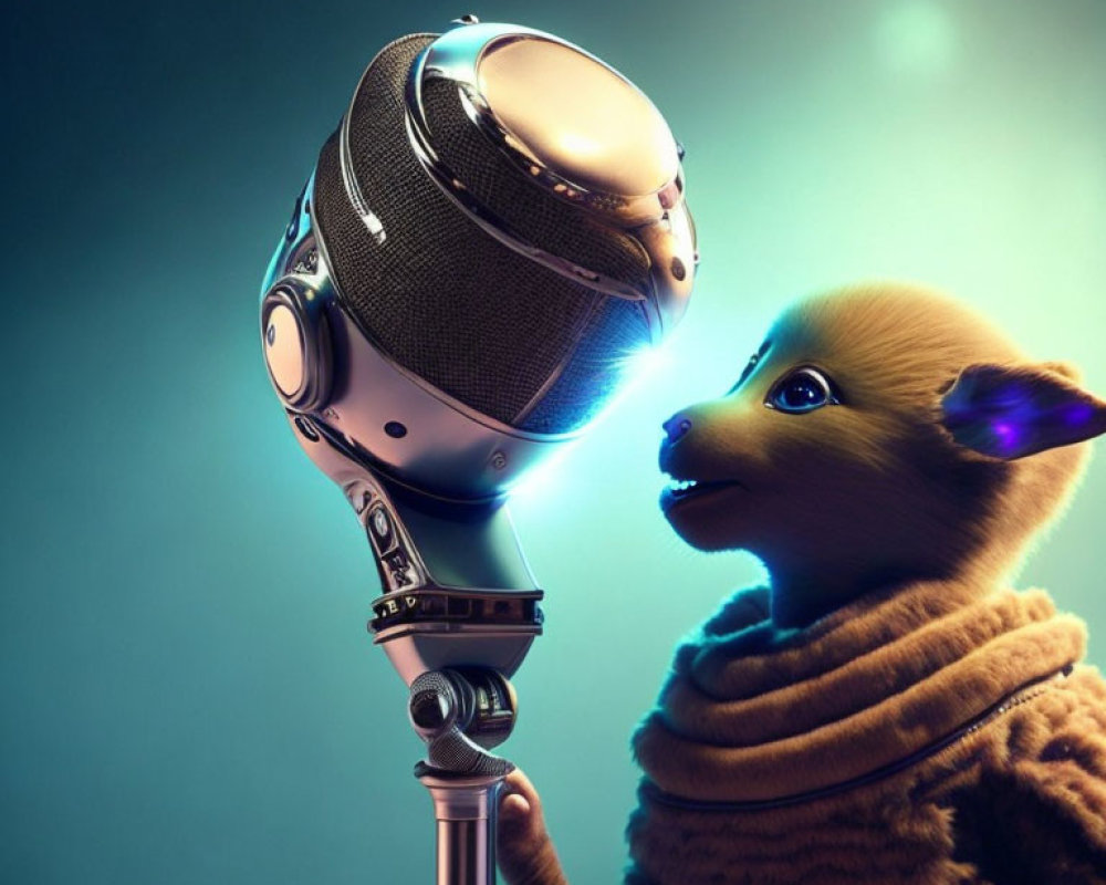 Animated lamb in scarf sings with vintage microphone under stage lights