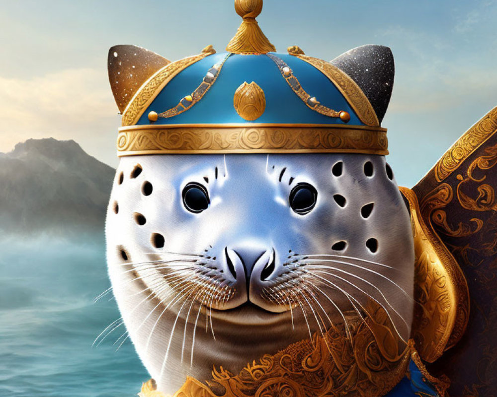 Digital Artwork: Cat in Royal Attire with Golden Helmet