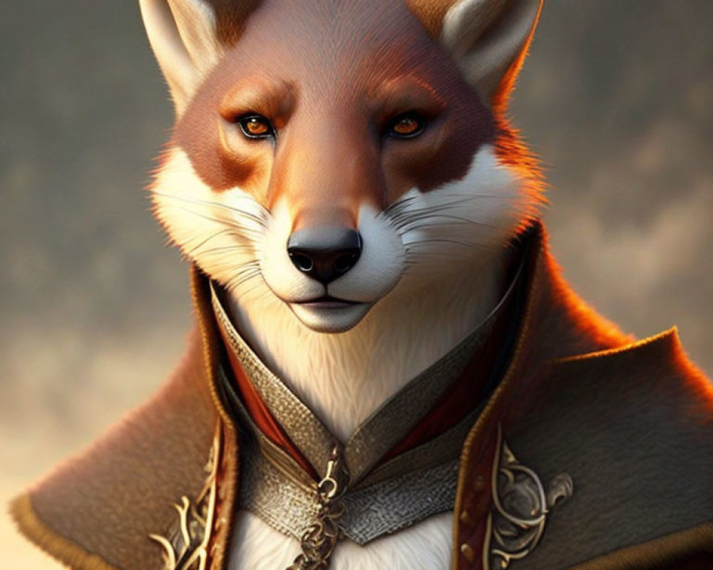 Anthropomorphic fox in regal maroon and gold outfit with chain