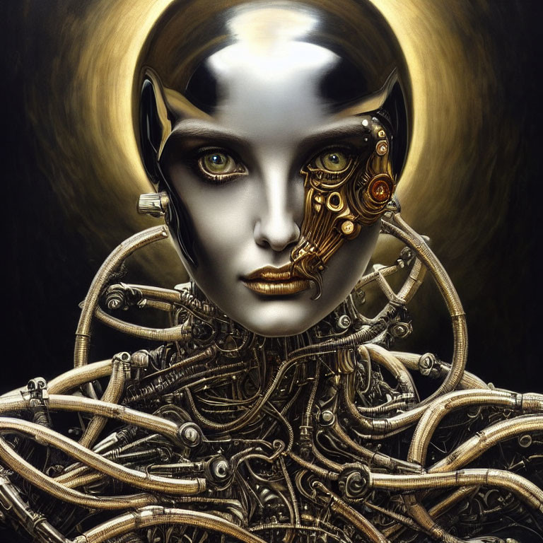 Female Cyborg Digital Artwork: Metallic Half-Face, Mechanical Neck, Glowing Halo