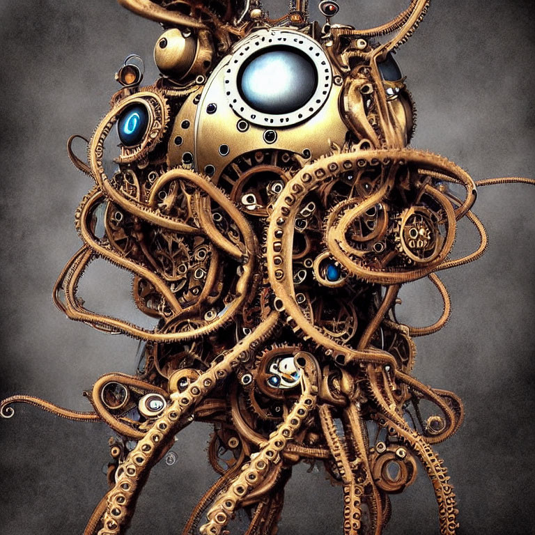 Steampunk mechanical octopus with bronze and golden gears and blue gem accents