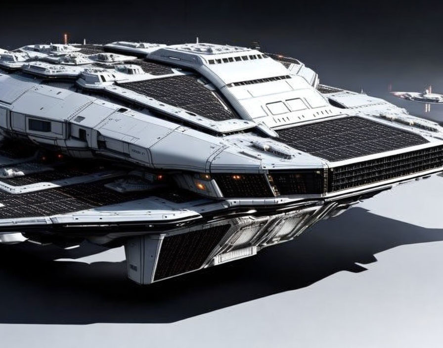 Futuristic spaceship with solar panels on reflective surface