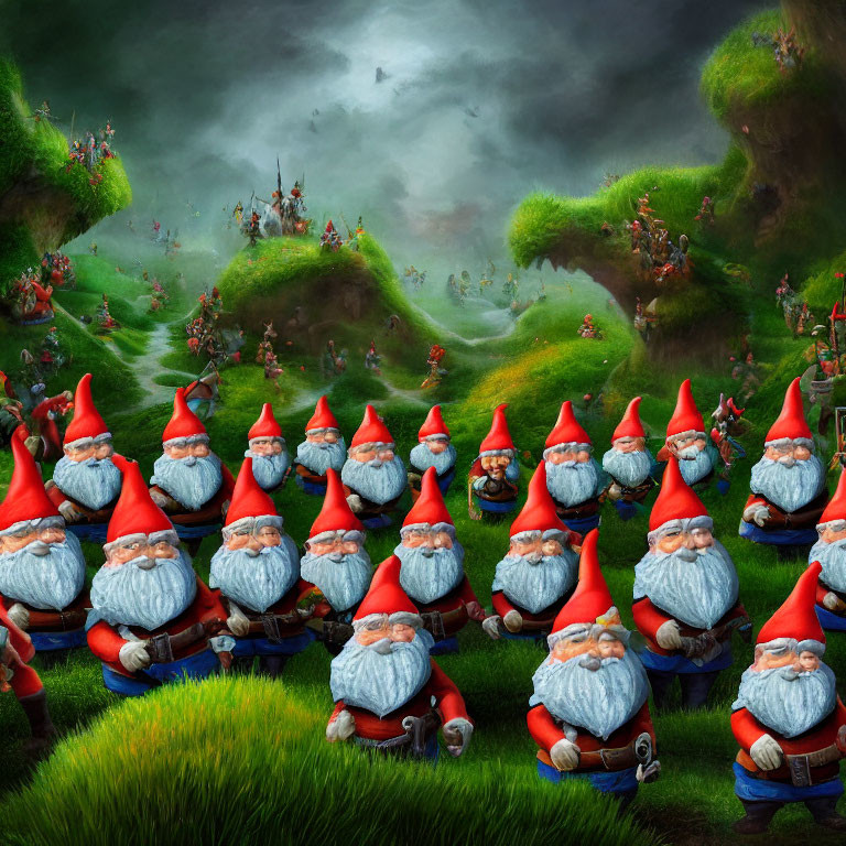 Garden gnomes with red hats and beards on verdant landscape under stormy sky