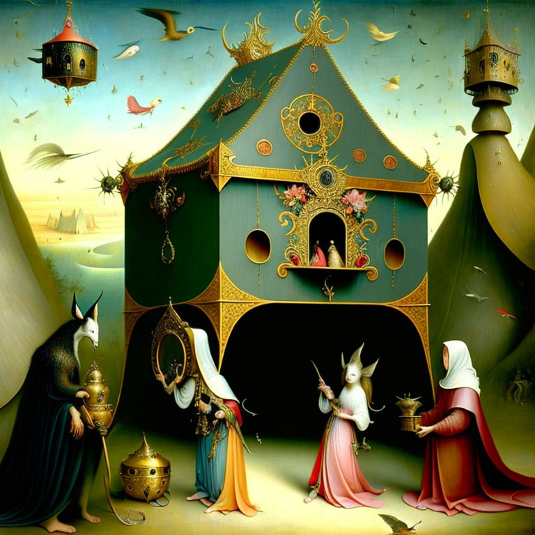 Surreal painting: Anthropomorphic rabbits near ornate green house