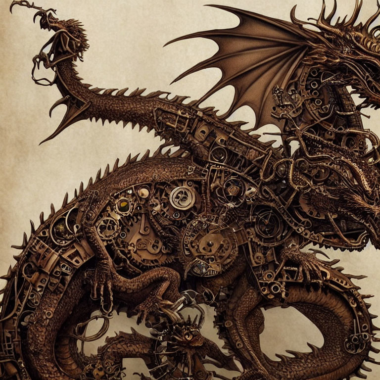 Steampunk dragon with mechanical details and sepia tones