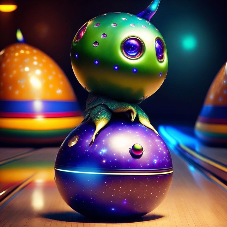 Colorful Alien Creature on Bowling Ball in Vibrant Alley