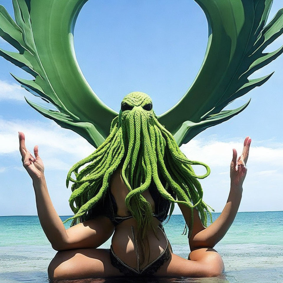 Black Bikini Beach Meditation with Octopus Head and Green Tentacles