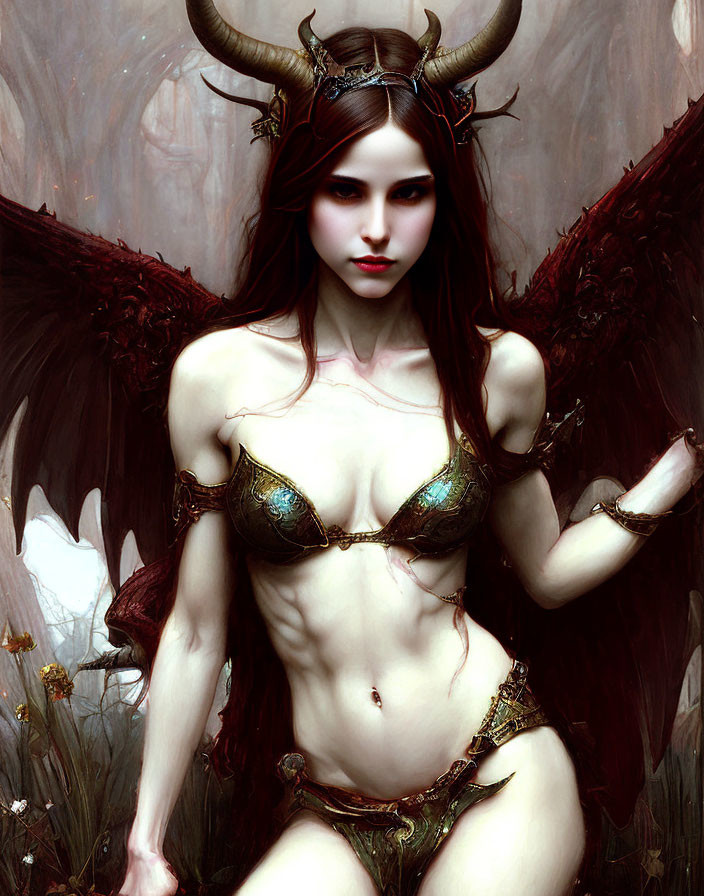 Fantasy Artwork: Female Character with Horns, Wings, and Dark Costume