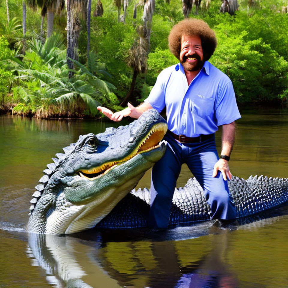 Man with Large Afro Smiling on Alligator in Swampy Area