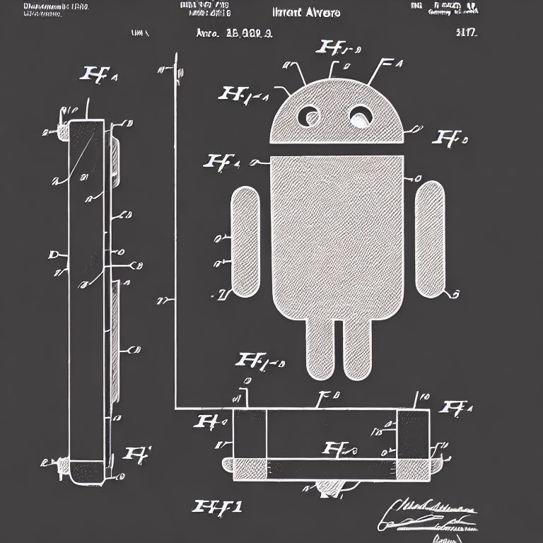 Detailed black and white technical drawing of Android robot mascot schematic with dimensions and annotations.