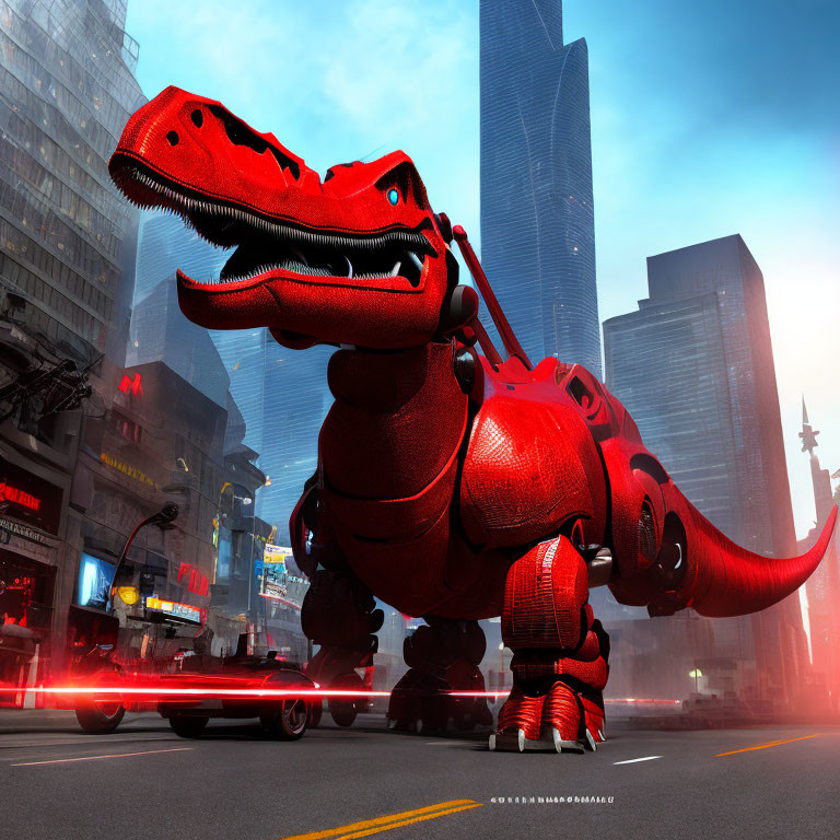 Red Robotic Dinosaur in Foggy City Street