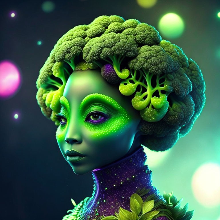 Surreal portrait of female figure with green skin and broccoli hair on dark background with bokeh lights