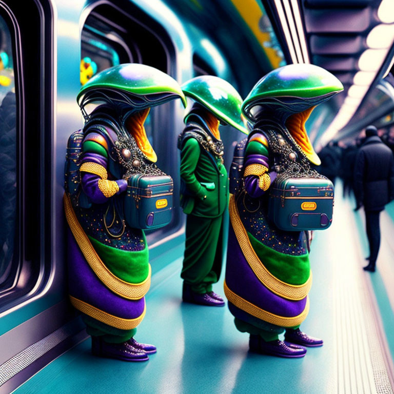 Colorful Alien-Like Characters in Subway Train with Suitcases