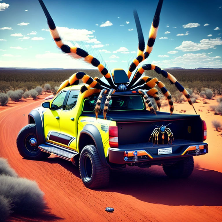 Digital manipulation: Spider on yellow pickup truck in desert