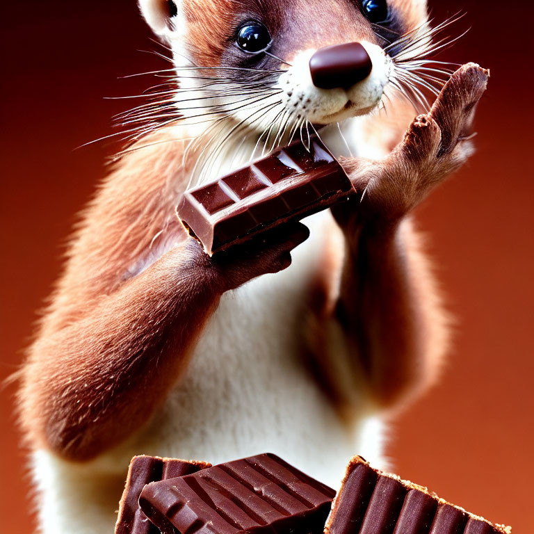 Small mammal eating dark chocolate on warm background