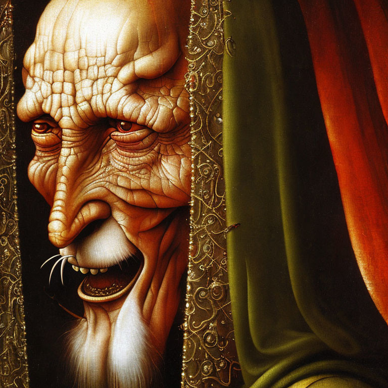 Detailed painting of elderly character with exaggerated features against red backdrop