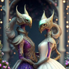 Ornate bird-masked figures in elegant attire touching hands amid soft lights and florals