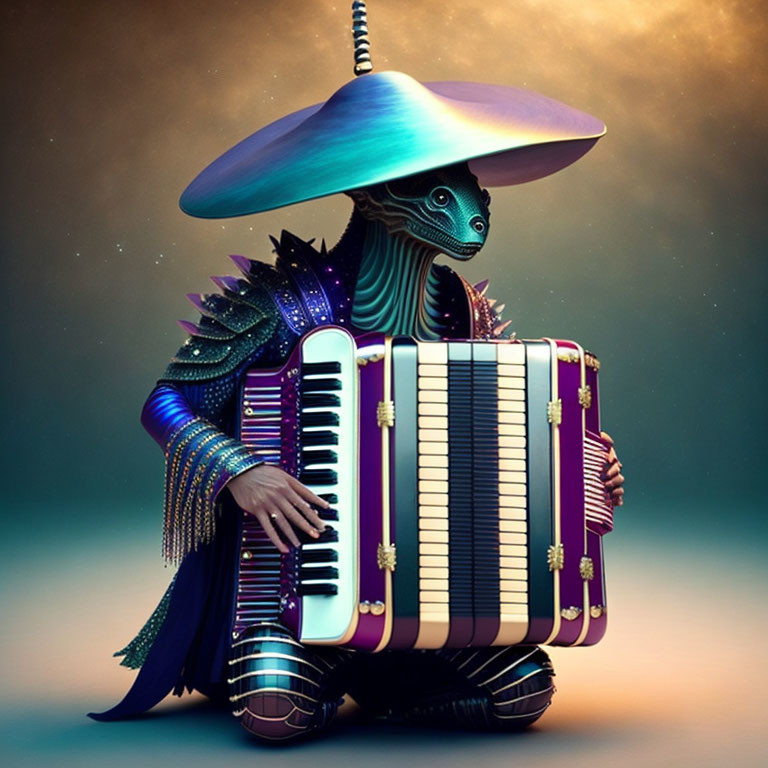Colorful Alien with Mushroom Head Plays Accordion on Gradient Background