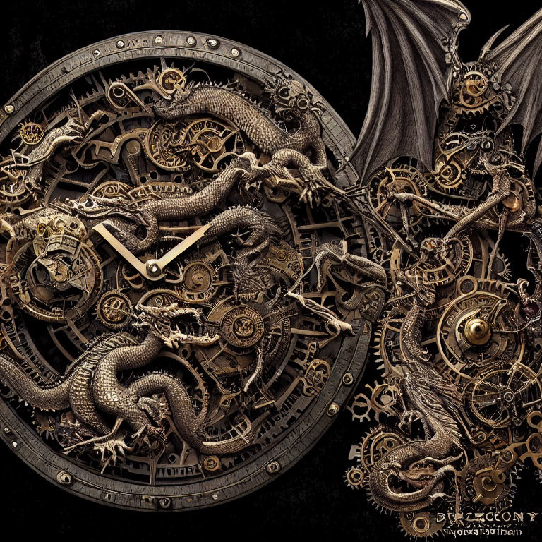 Steampunk-style dragon sculpture with gears on dark background