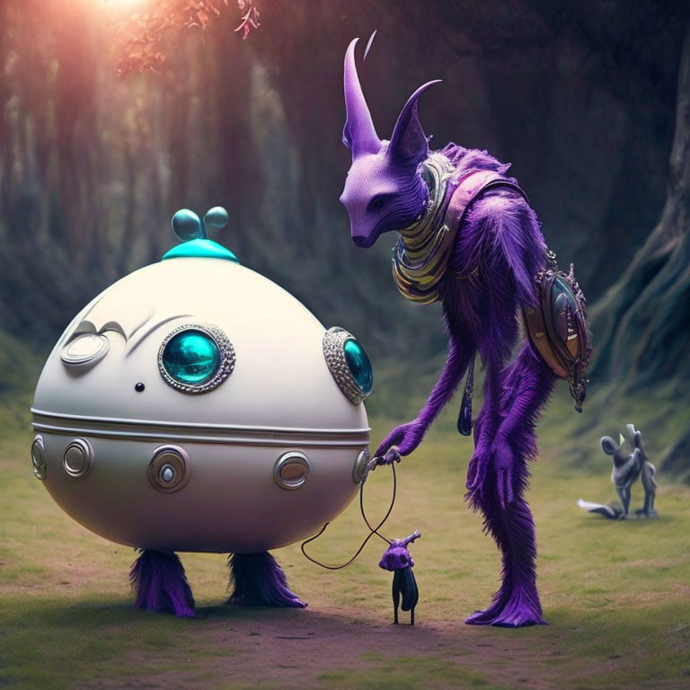 Colorful fantasy scene with purple creature and robotic entity in mystical forest