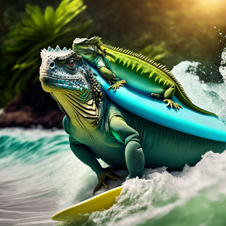 Digital edit of surfing iguanas under tropical foliage