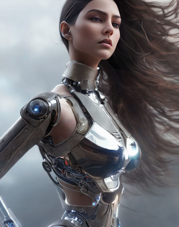 Female-presenting android with dark hair and cybernetic limbs on cloudy backdrop