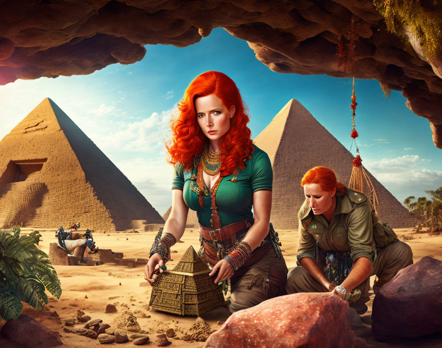 Vibrant red-haired adventurer examines artifact in Egyptian desert cave
