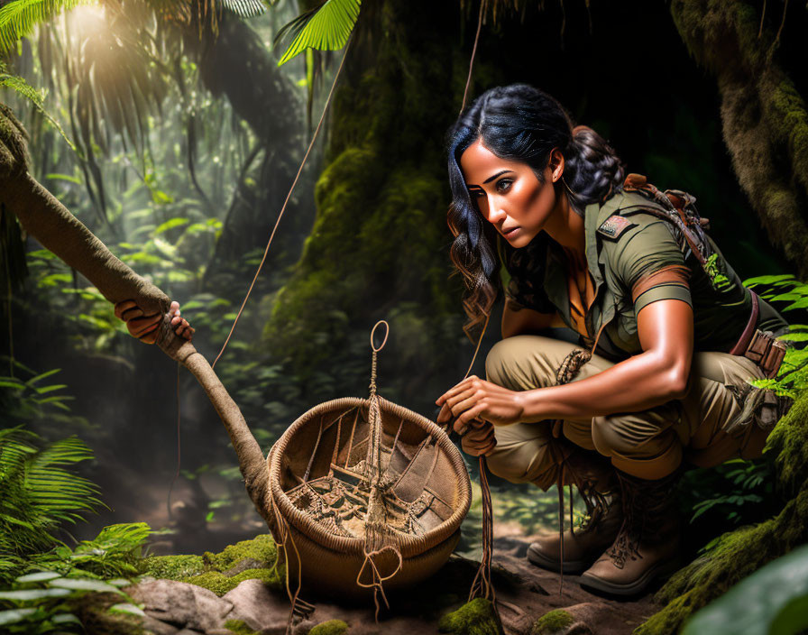 Explorer woman crouching in jungle with stick and basket