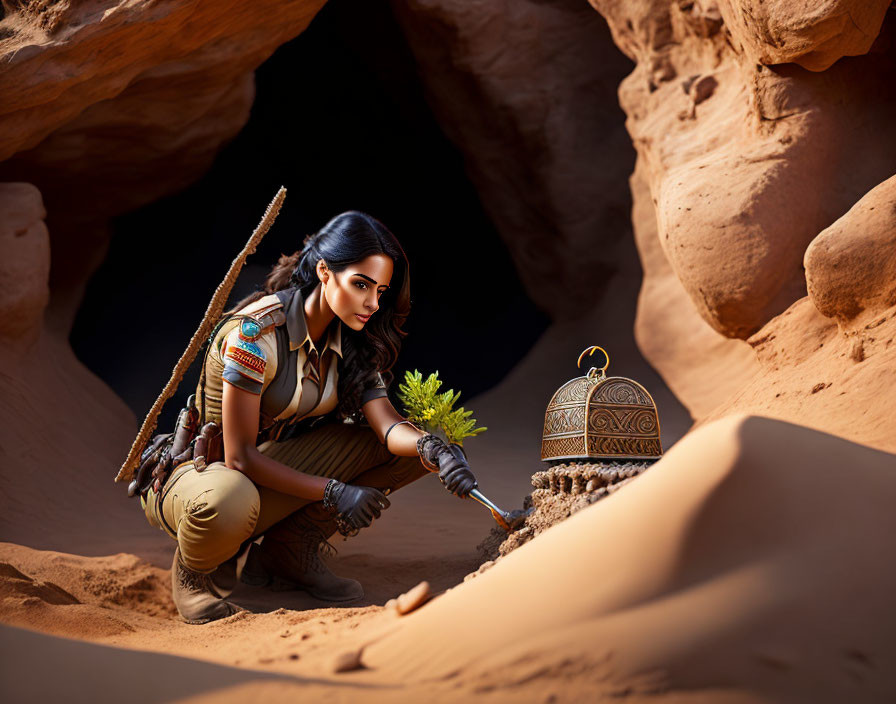 Woman in adventurer attire examining plant in cave with treasure chest and sunlight.