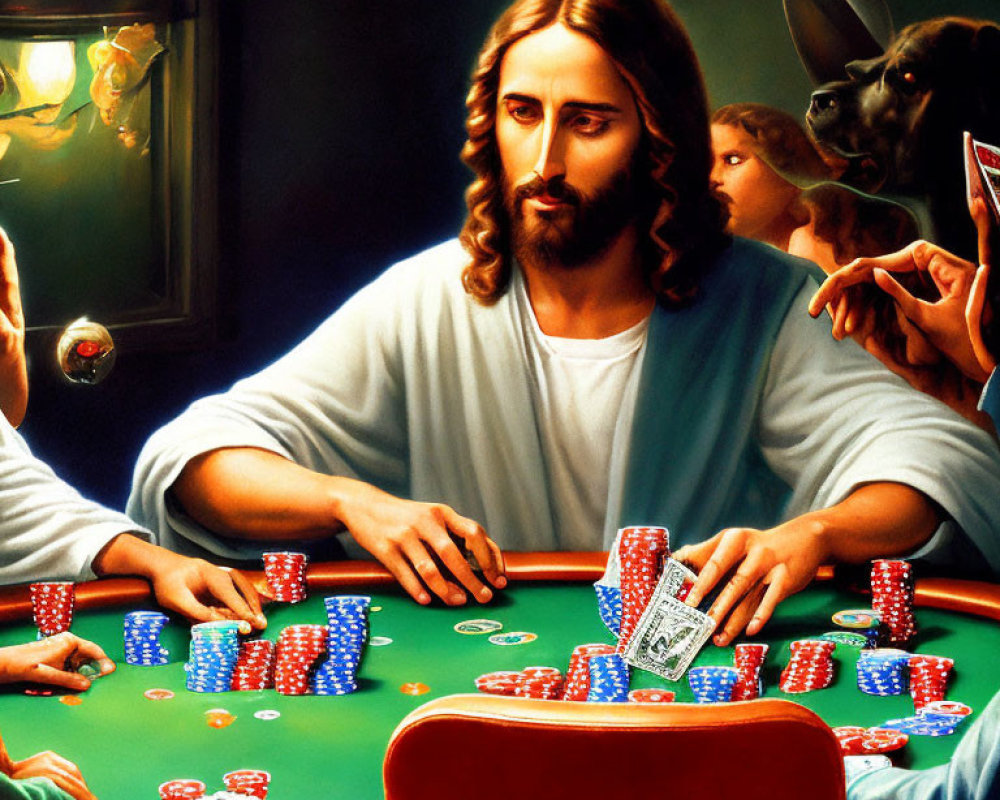 Religious figure at poker table with chips and players