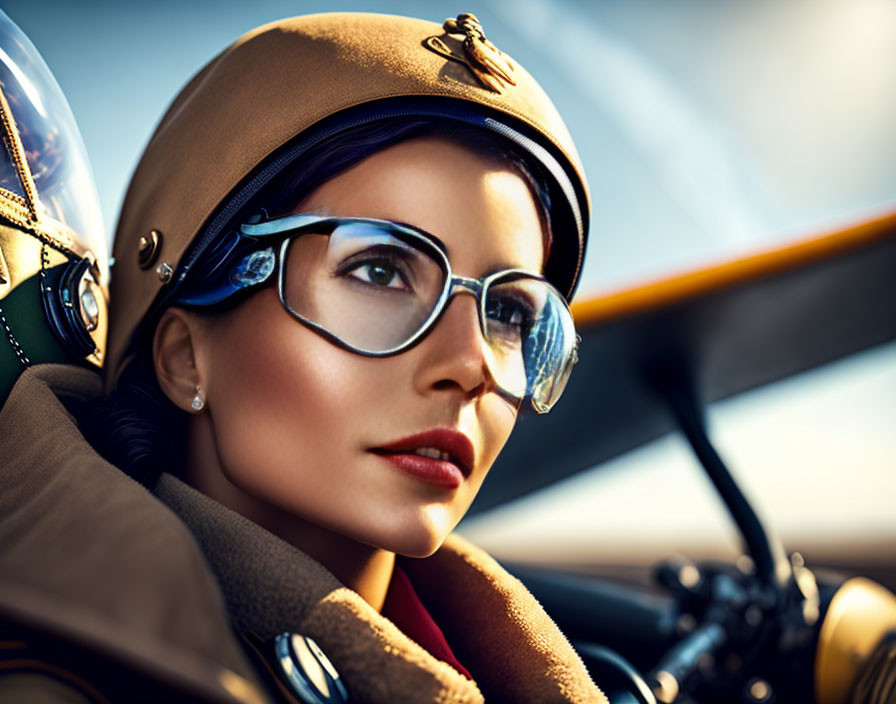 Female pilot in uniform poses by vintage airplane cockpit at sunset