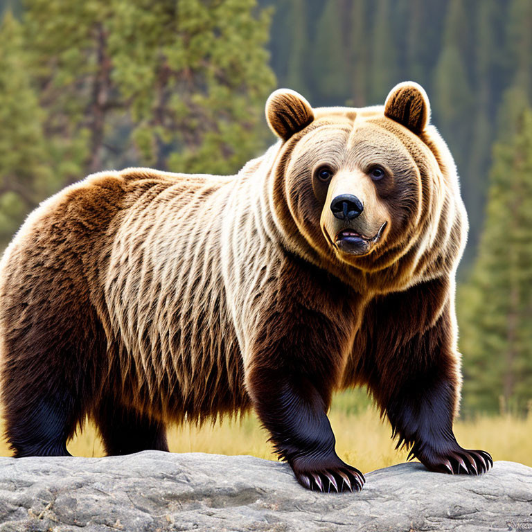 Brown bear standing on rock in dense forest background