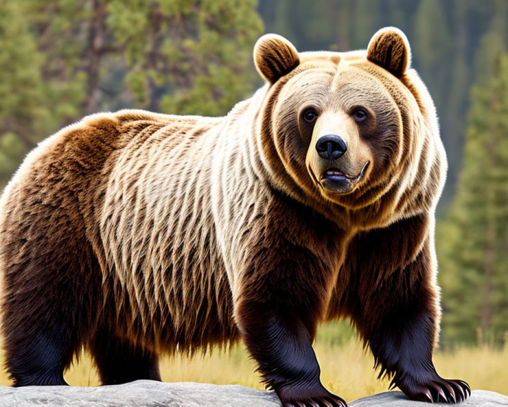Brown bear standing on rock in dense forest background