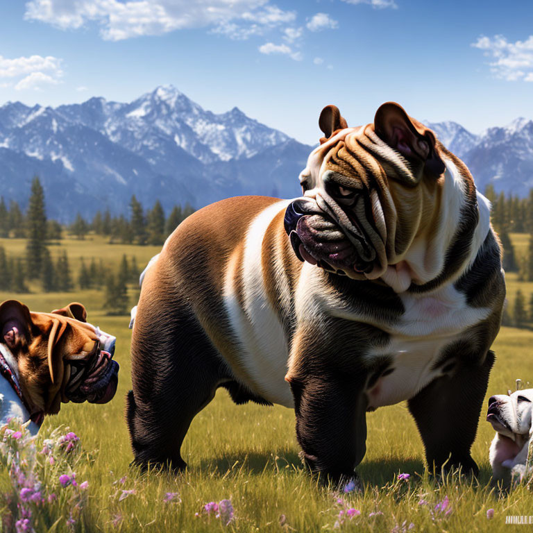 Oversized bulldogs in mountain meadow with muscular build