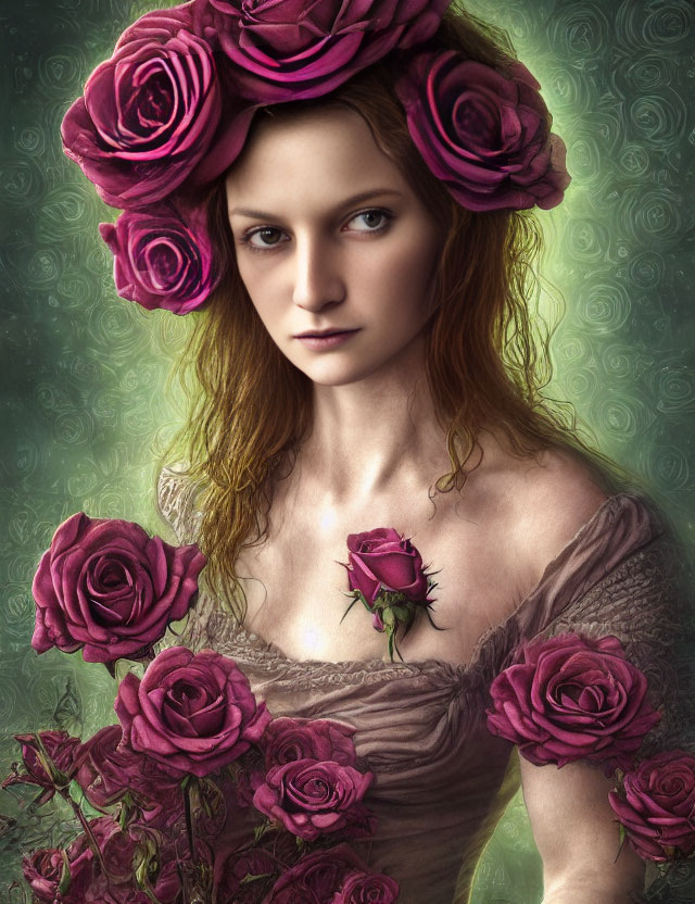 Portrait of woman with deep red roses in hair and hand on green textured backdrop