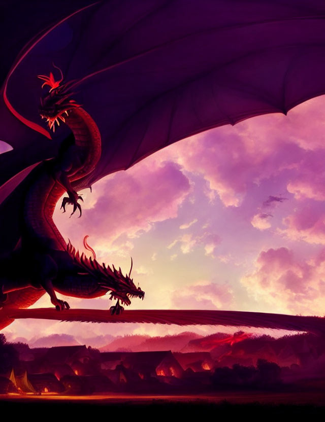 Majestic dragon with outstretched wings on hill at sunset