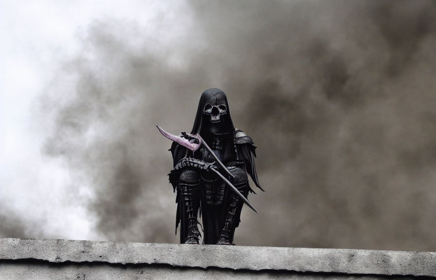 Dark costume figure with skull mask holding scythe in smoky background
