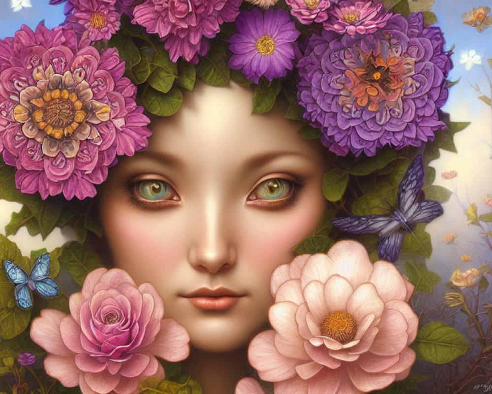 Vibrant surreal portrait of a woman with large luminous eyes and floral hair surrounded by butterflies and