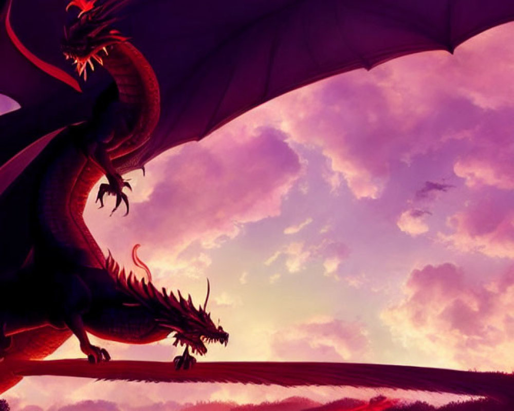 Majestic dragon with outstretched wings on hill at sunset