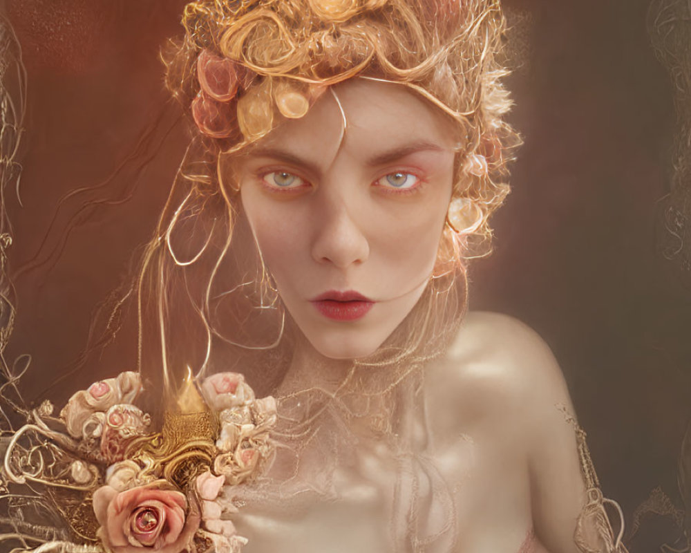 Mystical figure with red eyes and golden crown holding heart-shaped object