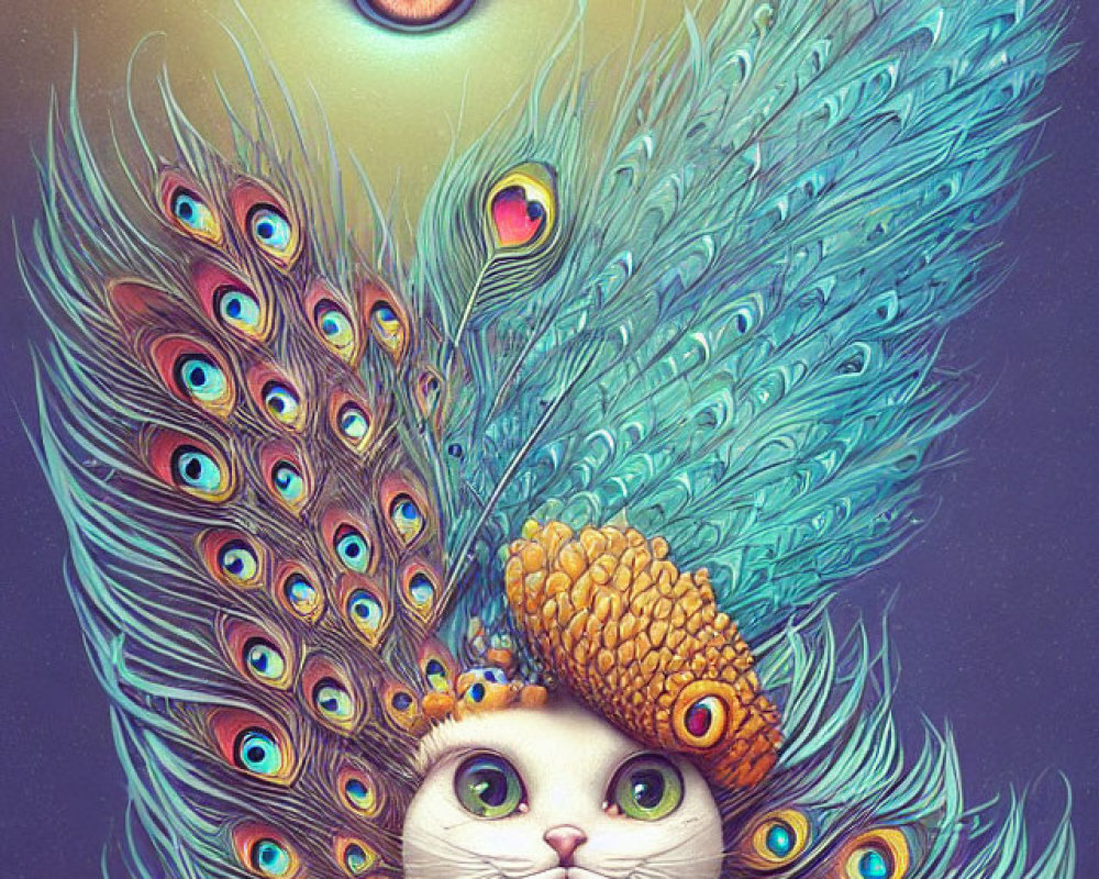 Colorful illustration: cat with peacock feathers and oversized eye in knitted cap