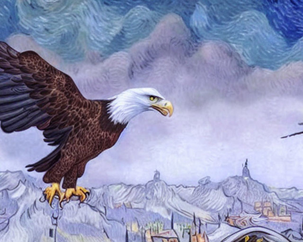 Illustration of bald eagle perched with spread wings in stylized landscape